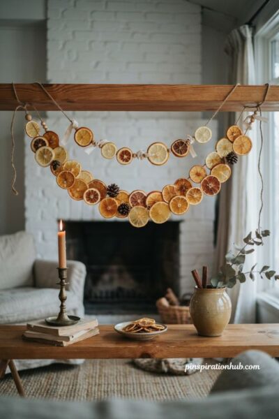 Dried orange and lemon garland Christmas mantel decor with rustic wood