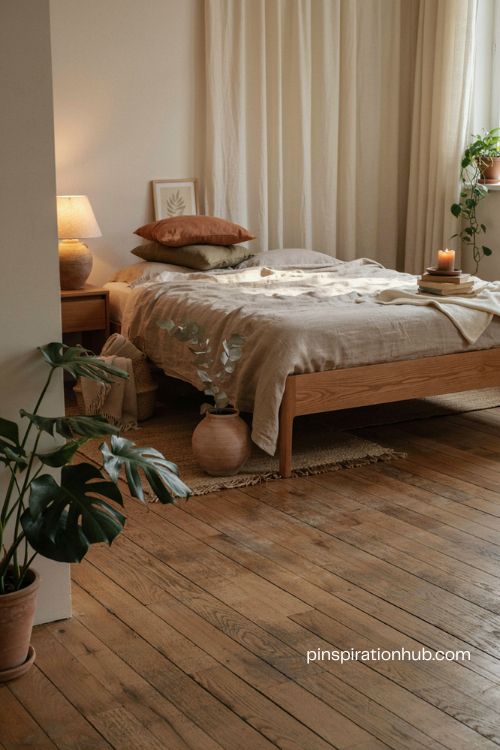 Earthy cozy bedroom with natural wood linen clay and greenery