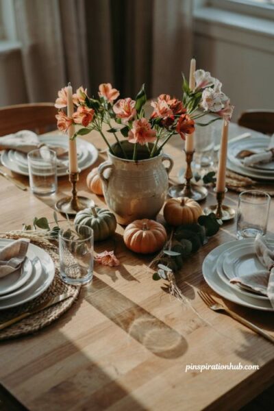 Easy Thanksgiving tablescapes with a soup crock flower vase