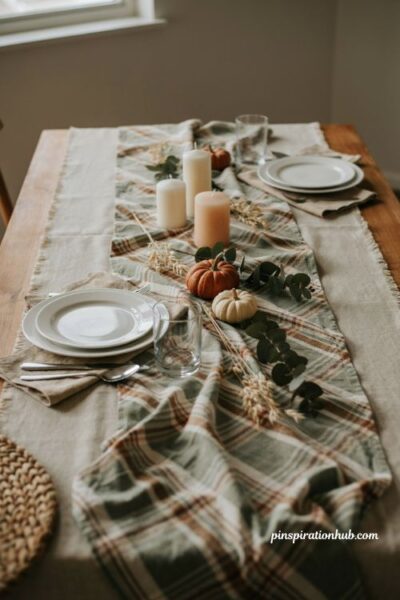 Easy Thanksgiving tablescapes with layered runner and tablecloth