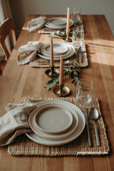 Easy Thanksgiving tablescapes with woven placemats and layered plates