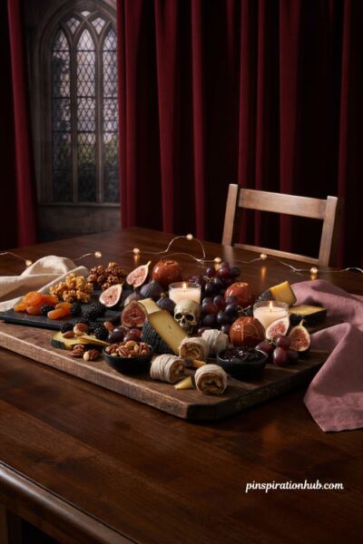 Elegant Halloween charcuterie tablescape with dark cheese and fruit