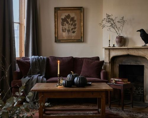 Elegant Halloween decor with moody vintage living room accents