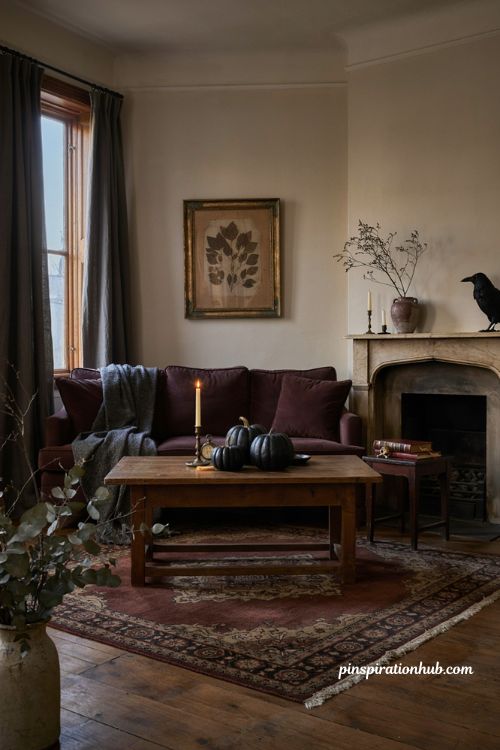 Elegant Halloween decor with moody vintage living room accents
