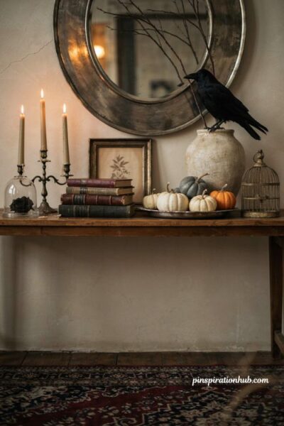 Elegant Halloween entryway vignette with vintage books and candelabra