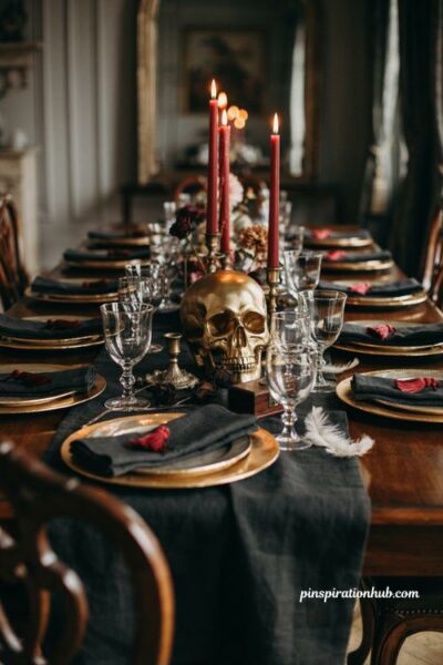 Elegant Halloween table with gold silver metallics and red accents