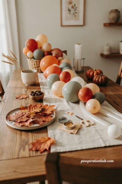 Fall balloon garland assembly with decorating strip glue dots and accents