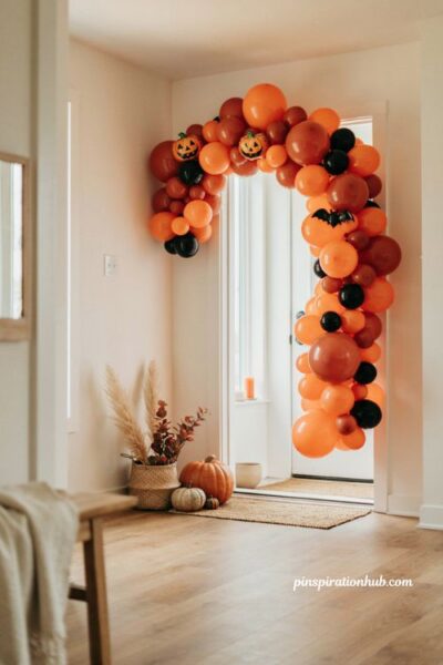 Fall balloon garland with black orange pumpkins and Halloween bats