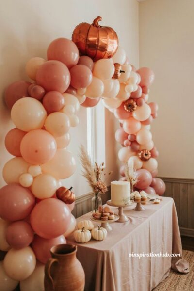 Fall balloon garland with blush pink peach cream and pumpkin orange