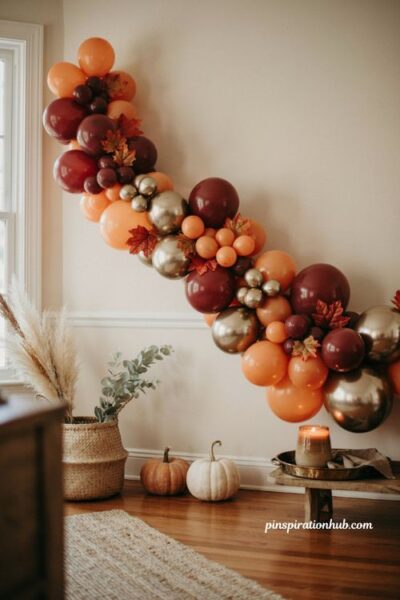 Fall balloon garland with burgundy orange gold balloons and pumpkins