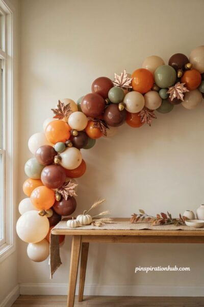 Fall balloon garland with maple leaves acorns and autumn colors