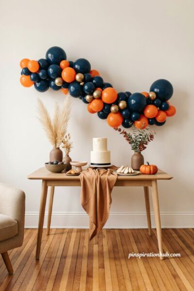 Fall balloon garland with navy blue burnt orange and metallic gold