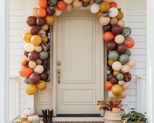 Fall balloon garland with pumpkins and autumn front door decor