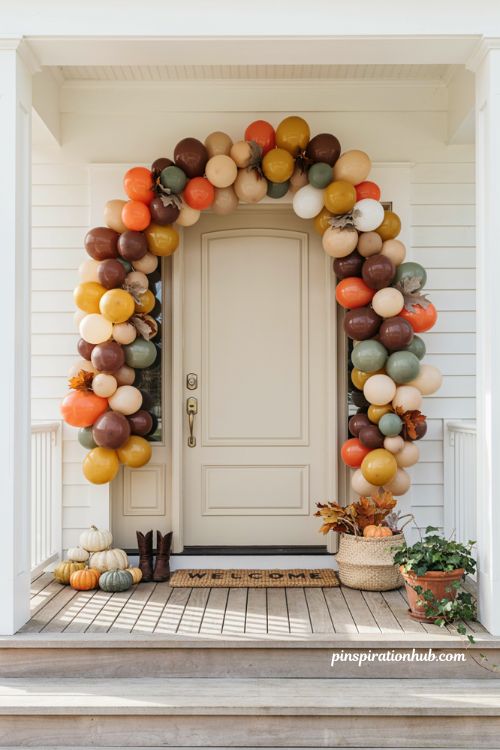 Fall balloon garland with pumpkins and autumn front door decor