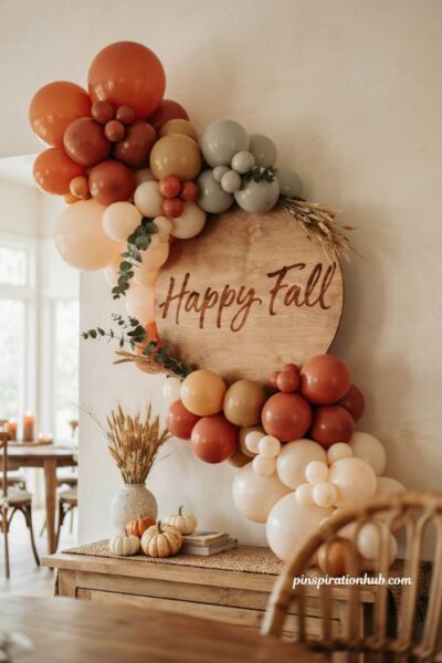 Fall balloon garland with wooden sign and cozy autumn decor