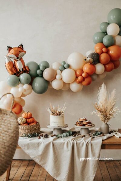 Fall balloon garland with woodland fox hedgehog sage green and burnt orange