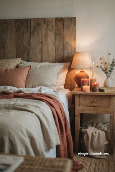 Fall bedroom aesthetic with candles and warm lamp light for a cozy autumn glow