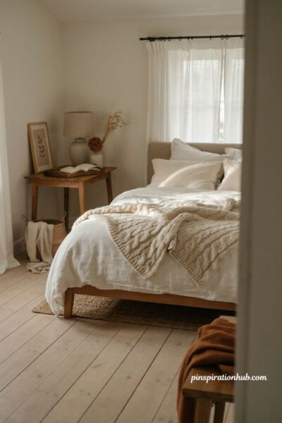 Fall bedroom aesthetic with chunky knit throw in cream oatmeal and rust tones