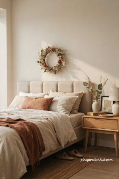 Fall bedroom aesthetic with dried floral wreath wheat eucalyptus and rust flowers