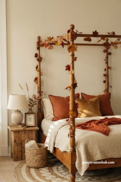 Fall bedroom aesthetic with maple leaf garland around a four poster bed