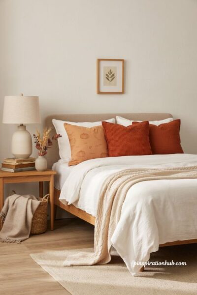 Fall bedroom aesthetic with orange gingham and seasonal pillow covers on white bedding