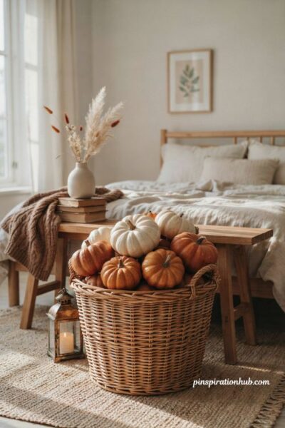 Fall bedroom aesthetic with rattan basket filled with white and orange pumpkins
