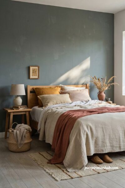Fall bedroom aesthetic with rich gray green accent wall and warm terracotta bedding