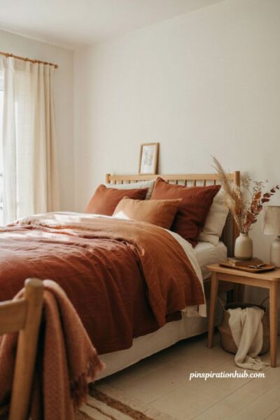 Fall bedroom aesthetic with rusty brown bedding warm layers and autumn stems
