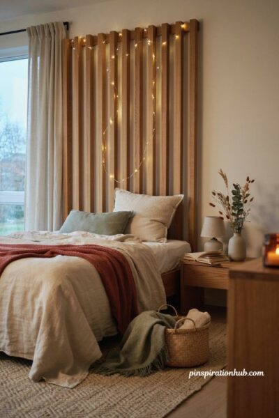 Fall bedroom aesthetic with warm fairy lights around a cozy wood headboard