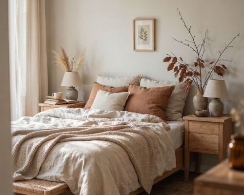 Fall bedroom aesthetic with warm layered bedding cozy textures and earthy autumn colors