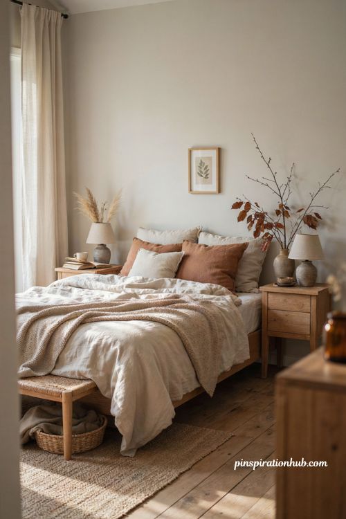 Fall bedroom aesthetic with warm layered bedding cozy textures and earthy autumn colors