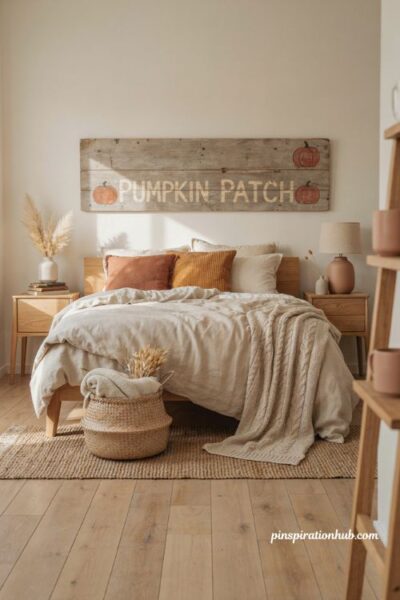 Fall bedroom aesthetic with weathered pumpkin patch wall sign and farmhouse decor