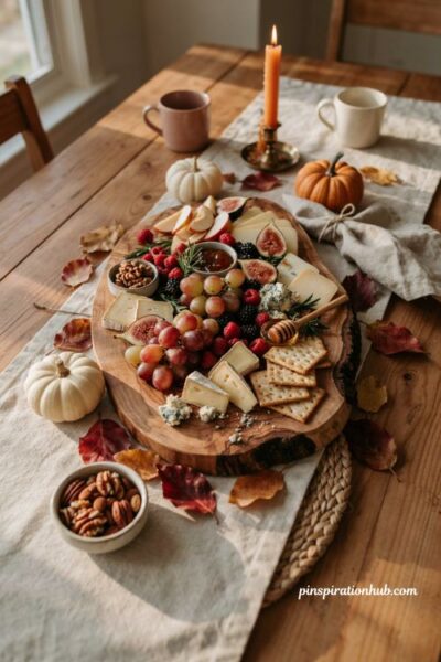 Fall centerpiece ideas with a charcuterie board and pumpkins