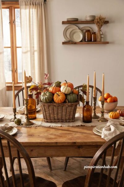 Fall centerpiece ideas with a vintage basket pumpkins and leaves