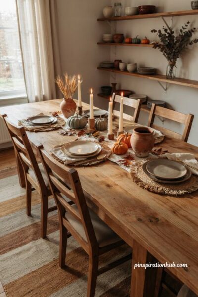 Fall centerpiece ideas with candles pumpkins and terracotta pots