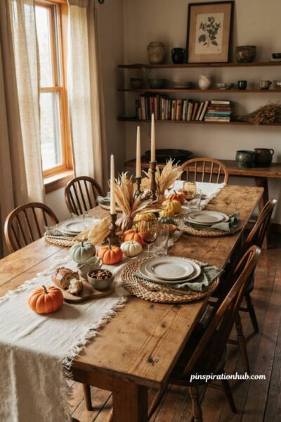 Fall centerpiece ideas with corn wheat and muted pumpkins