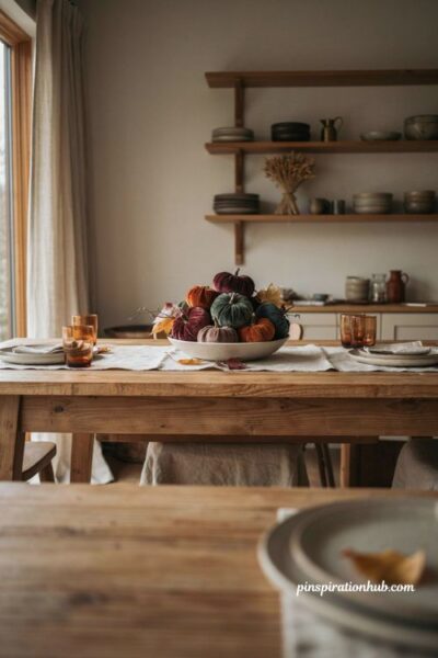 Fall centerpiece ideas with velvet pumpkins in a white bowl