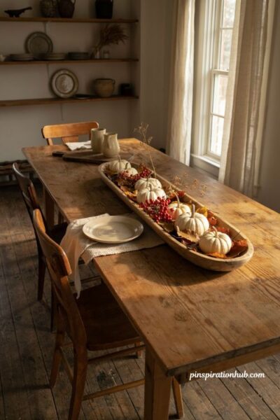 Fall centerpiece ideas with white pumpkins berries and a dough bowl