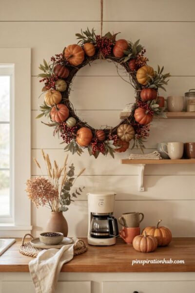 Fall coffee bar with berry and gourd garland wreath above a cozy coffee station