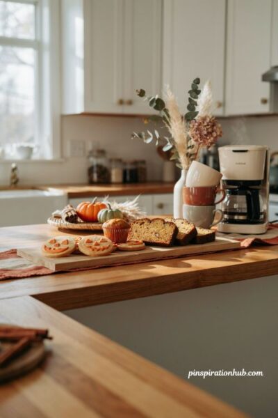 Fall coffee bar with jack o lantern cookies pumpkin muffins and pumpkin bread