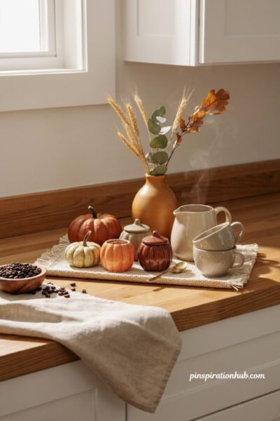Fall coffee bar with mini pumpkin jars for sugar cinnamon and pumpkin spice