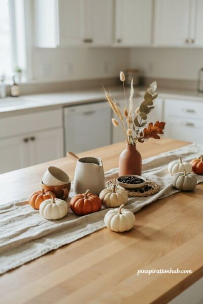 Fall coffee bar with mini pumpkins scattered around coffee pot and table runner