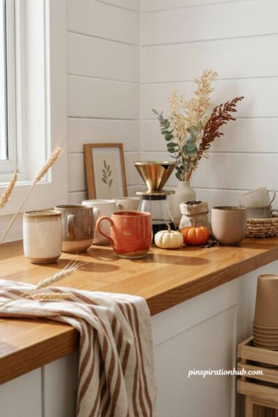 Fall coffee bar with mismatched real mugs in warm autumn colors