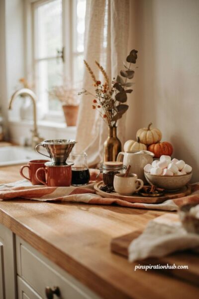 Fall coffee bar with nearby hot cocoa station marshmallows and warm mugs