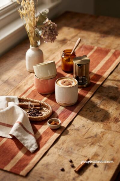 Fall coffee bar with pumpkin spice latte inspired cream and orange decor