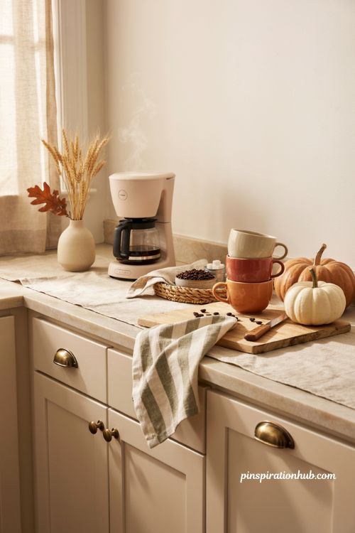 Fall coffee bar with pumpkins favorite mugs and cozy kitchen counter decor