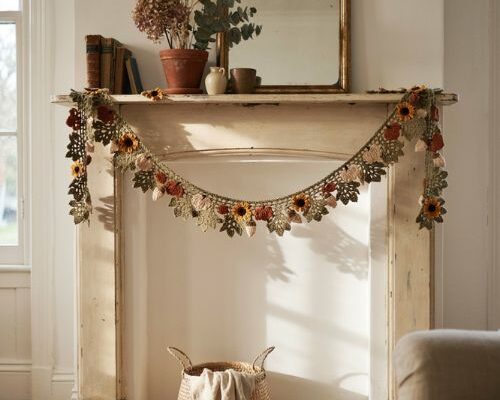 Fall crochet garland ideas with handmade leaves pumpkins and cozy mantel decor