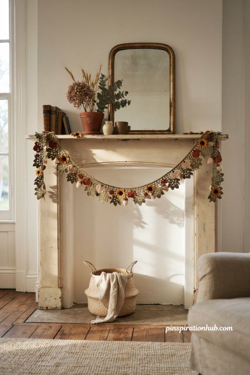 Fall crochet garland ideas with handmade leaves pumpkins and cozy mantel decor