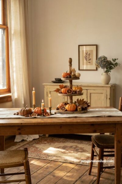 Fall dining table decor with a tiered tray pumpkins acorns and dried orange slices
