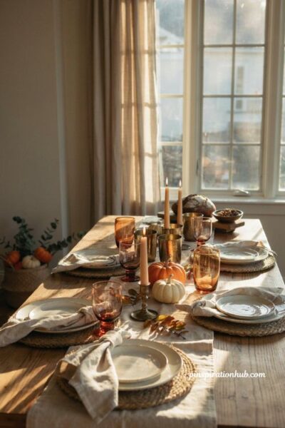 Fall dining table decor with amber glasses cream plates and rustic autumn table accents